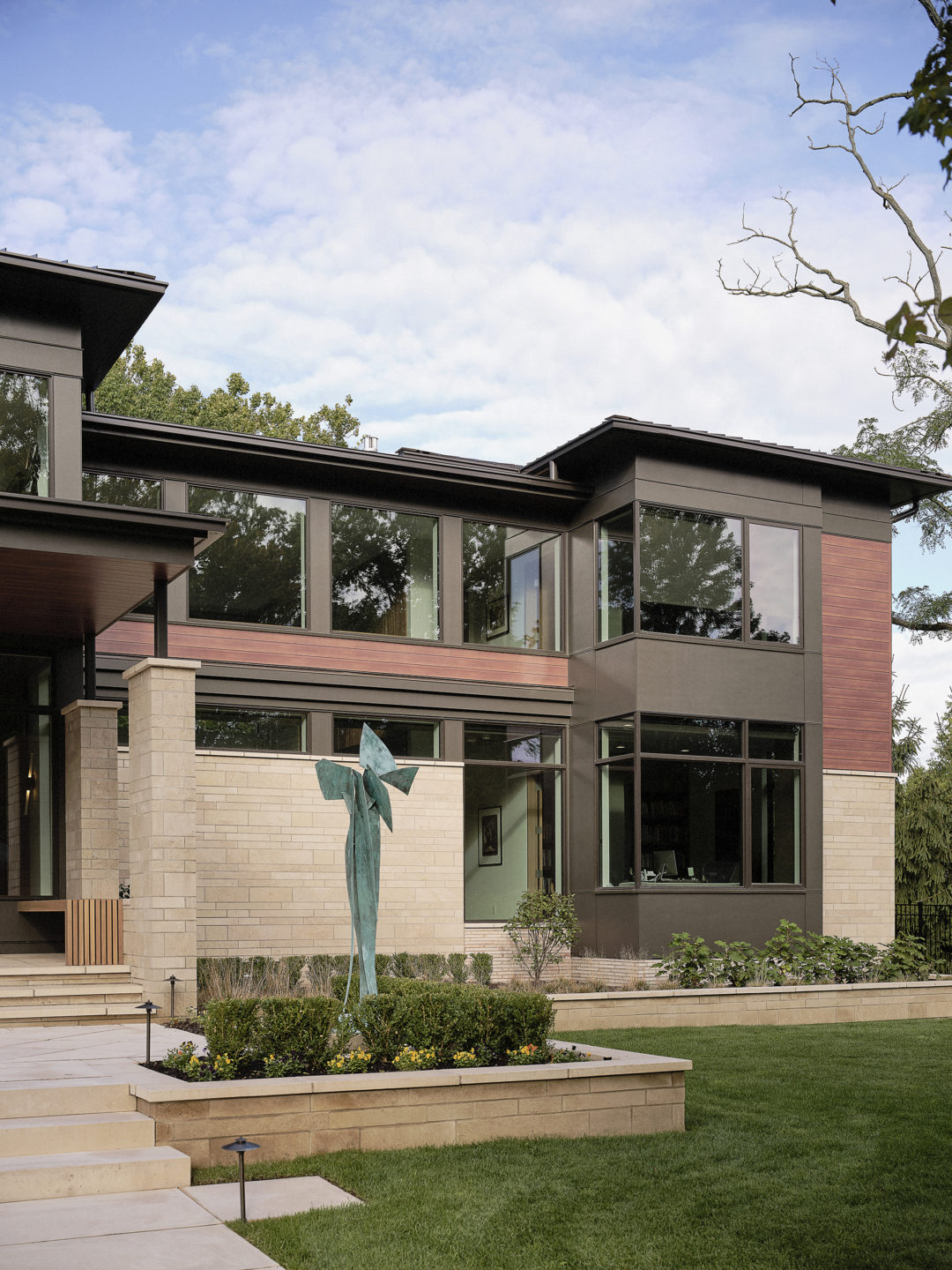 Ambler-Heights-Organic-Contemporary-Evergreen-Homes-Ohio-Front-Exterior-Statue